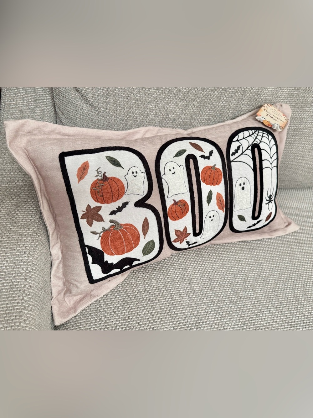Halloween BOO Pillow Pumpkins Bats Fall Leaves Autumn Embroidered NWT